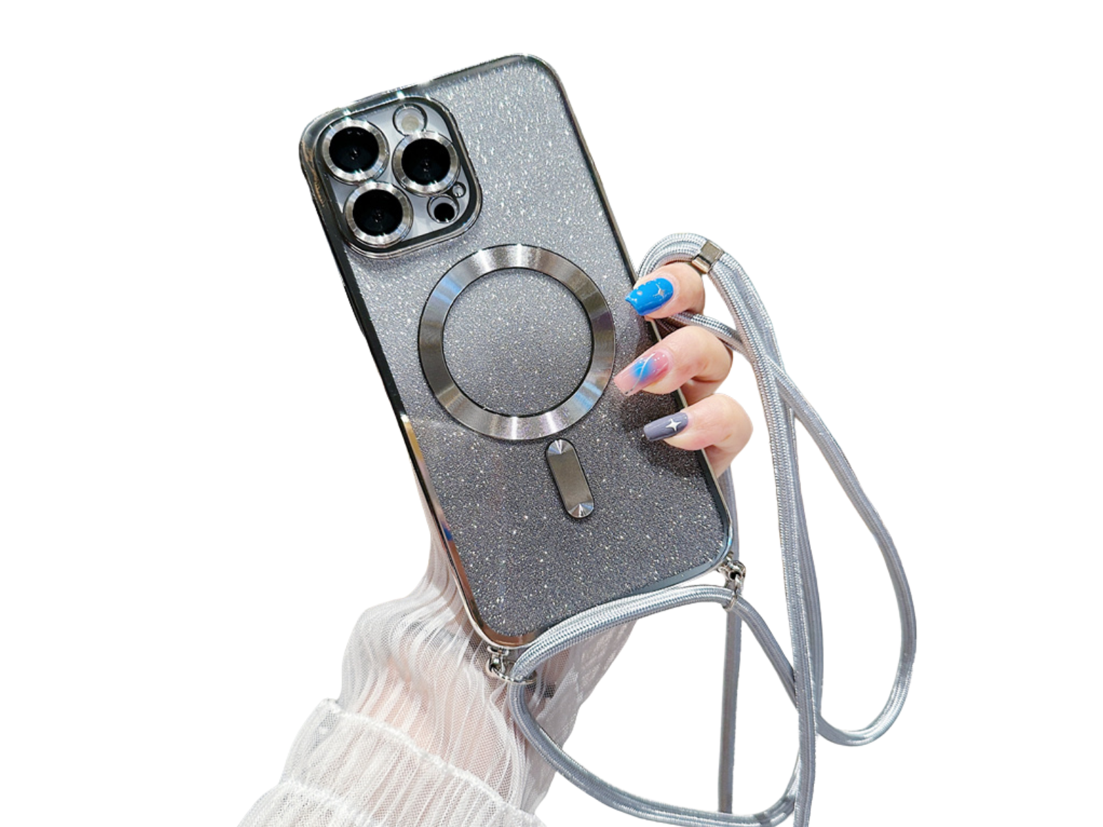 Luxus Crossbody Lanyard Gradient Glitzer Magnetgehäuse iPhone Hülle | MagSafe Case mit Kameralinsenschutzabdeckung für Apple iPhone 17/17 Air/16/16e/15/14/13 Pro Max Plus Cover | Panzertasche, Weiche TPU Plating Handyhülle | Premium Schutzhülle