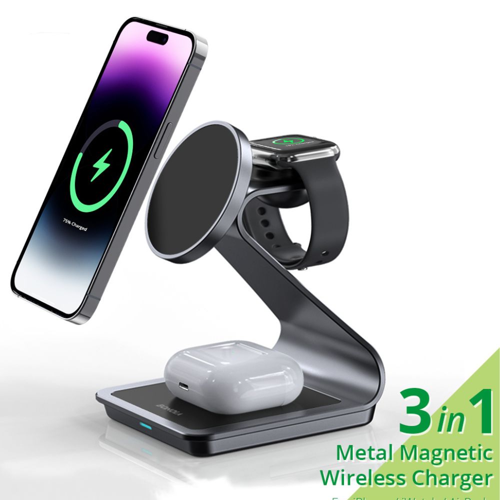 Premium 3 in 1, 30W Magnet Wireless-Ladestation | Kabelloser Charger für Smartphones, Apple iPhone, Samsung, iOS & Android Apple Watch/AirPods | Schnellladegerät Dockingstation