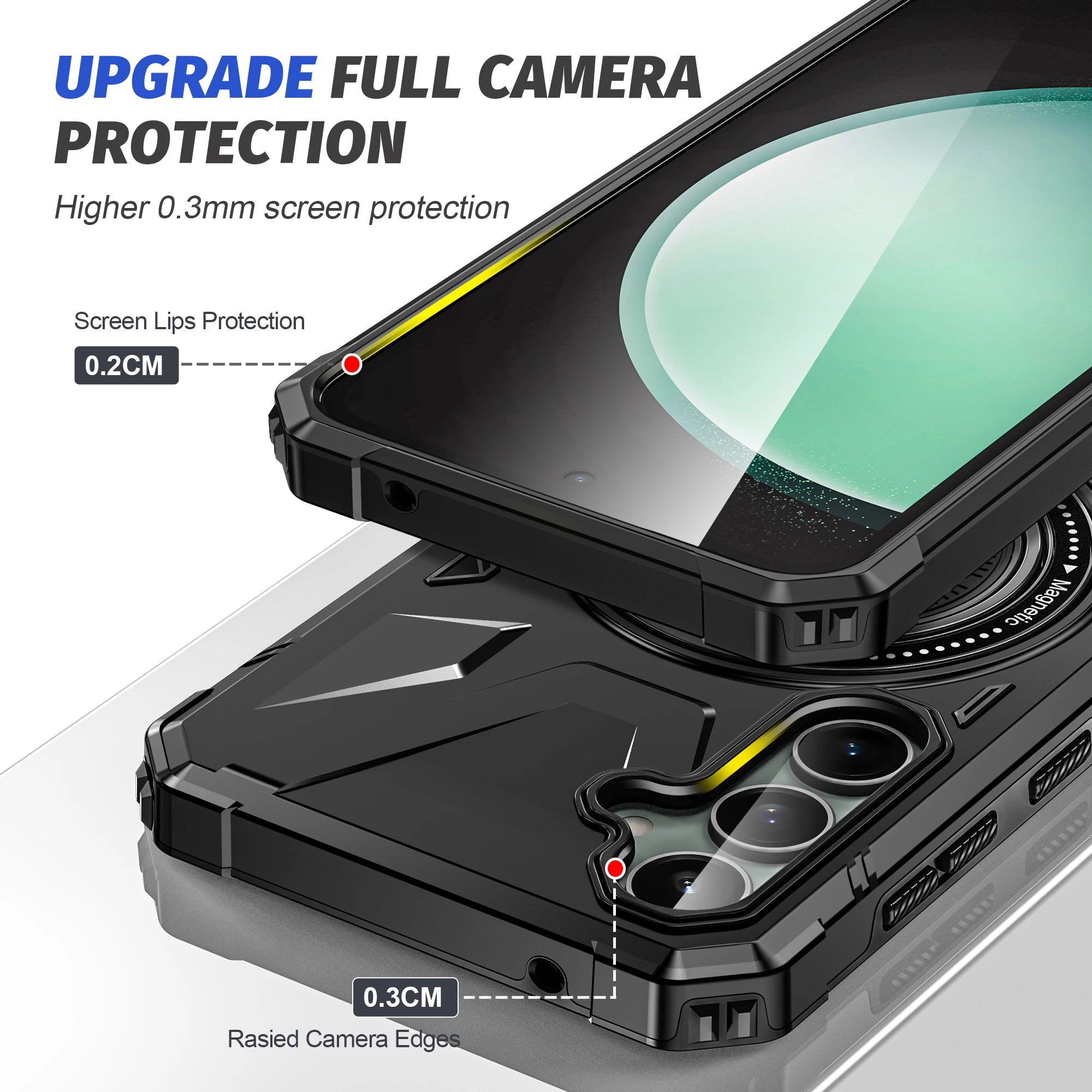 Hochwertige Militärpanzer-iPhone-Hülle, 360-Grad drehbarem Ringständer Halterung | MagSafe Case, Kameraschutz für Apple iPhone 17/17 Air, 16/16e, 15, 14, 13 Pro Max Plus Cover | Magnetisches kabelloses Laden, Harte PC-Panzertasche, stoßfeste Handyhülle