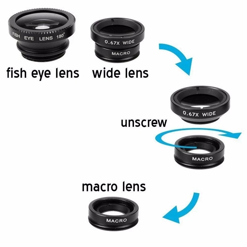 3-in-1 Hochwertiges Fisheye-Telefonobjektiv 0,67X Weitwinkel-Zoom Fish-Makro-Objektiv-Kamera-Kit mit Clip-Objektiv