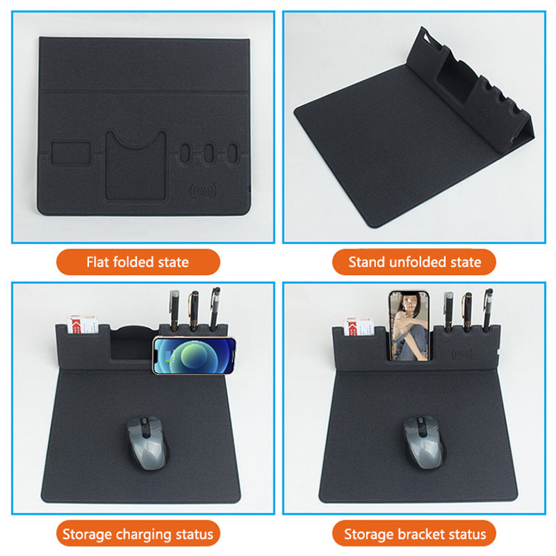 Premium Mauspad mit Qi Kabelloses Ladepad für Smartphones, Apple iPhone, Samsung, iOS & Android Watch, AirPods, Xiaomi, Huawei: USB-C, Handyhalterung, 2-in-1 PU-Leder-Matte