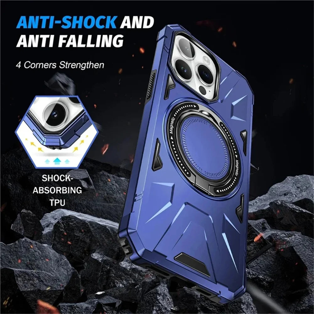 Hochwertige Militärpanzer-iPhone-Hülle, 360-Grad drehbarem Ringständer Halterung | MagSafe Case, Kameraschutz für Apple iPhone 17/17 Air, 16/16e, 15, 14, 13 Pro Max Plus Cover | Magnetisches kabelloses Laden, Harte PC-Panzertasche, stoßfeste Handyhülle