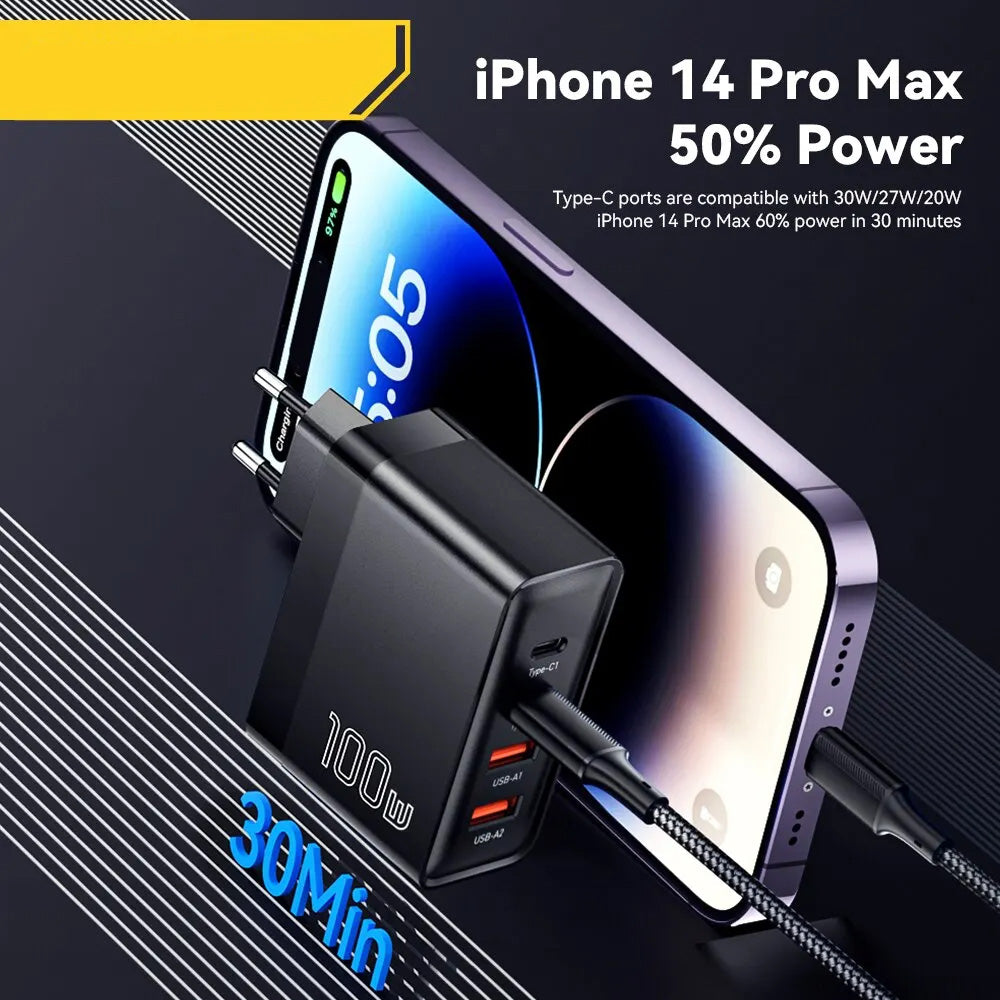 Premium 100W GaN USB Typ C Ladegerät Batterie PD QC Schnellladung 4.0 3.0, Typ C Schnellladung für Smartphones, Apple iPhone, Samsung, iOS & Android, Xiaomi, MacBook, Laptop