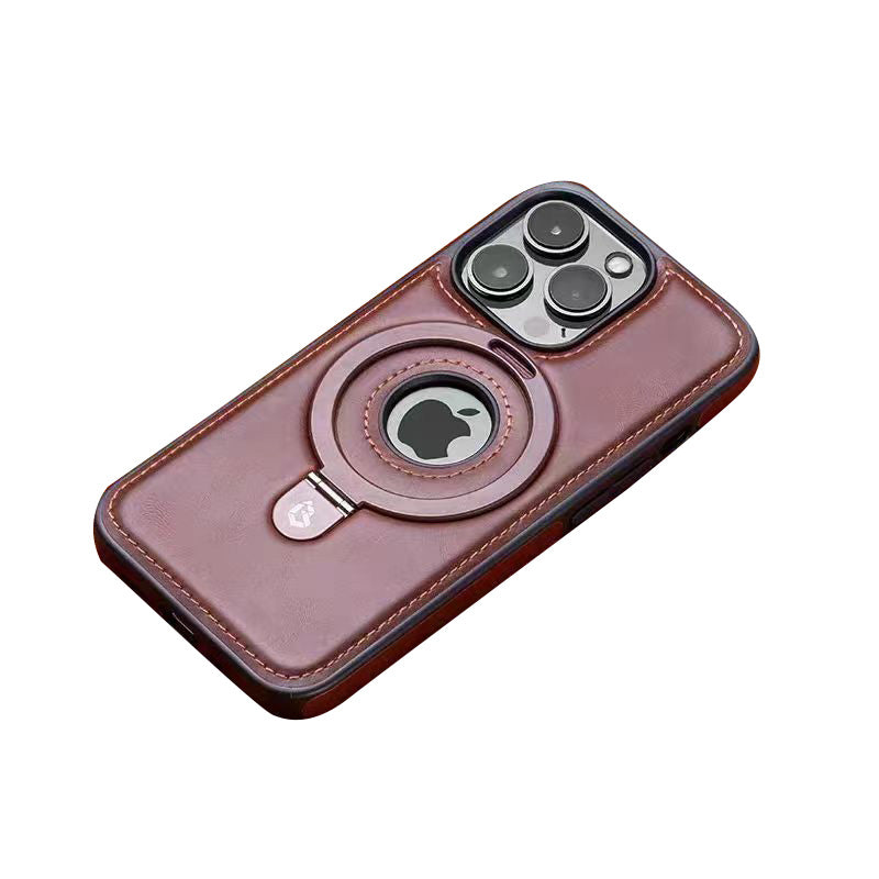 Premium Leder iPhone Hülle mit Magnetring-Ständer: 360 Grad Rotierende Gyro-Standfunktion & Faltbarer Halter | MagSafe Case, Rundumschutz, Kameralinsenschutz für Apple iPhone 17/17 Air, 16/16e, 15, 14, 13 Pro Max Plus Cover | Panzertasche Schutzhülle