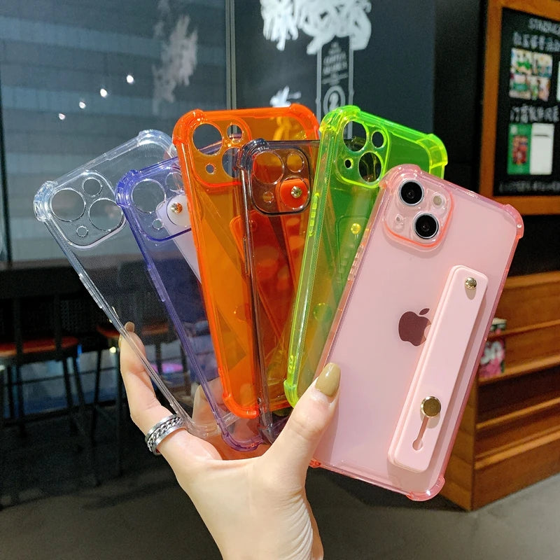 Premium Durchsichtige Candy-Farbe für Apple iPhone 17/17 Air, 16/16e, 15, 14, 13 Pro Max Plus Hülle | Handgelenksband Handyhalter Klare Soft-Silikon Apple iPhone Case