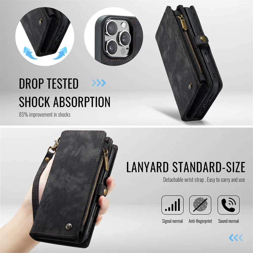 Hochwertiges 2-in-1 Abnehmbare Leder Brieftasche Flip Stand iPhone Hülle | MagSafe Case, Rundumschutz, Kameralinsenschutzabdeckung für Apple iPhone 17/17 Air, 16/16e, 15, 14, 13 Pro Max Plus Cover | Panzertasche Handyhülle | Wallet & Geldbörse Schutzhülle