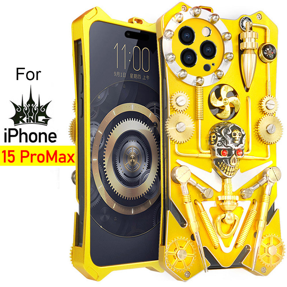 Premium Mechanisches Gaming-Design: Stoßfeste Metall-Handyhülle mit Zahnrad, Ständer | Aluminium-Kühlung, Schädel-Kompass-Case für Apple iPhone 17/17 Air, 16/16e, 15, 14, 13, 12 Pro Max Plus Mini | MagSafe Case, Rundumschutz & Kameralinsenschutz