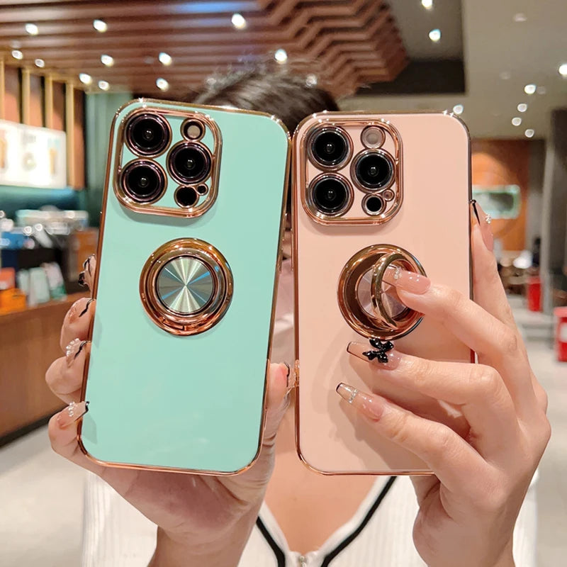 Luxus Silikon Magnetische Ringhalter und Ständer iPhone Hülle | MagSafe Case, Rundumschutz, Kameralinsenschutzabdeckung für Apple iPhone 17/17 Air, 16/16e, 15, 14, 13 Pro Max Plus Cover | Panzertasche, Stoßstangenabdeckung Handyhülle | Premium Schutzhülle