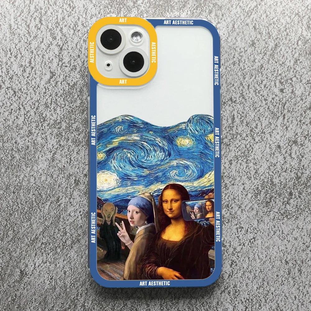 Premium Kunst Ästhetisches History Design: 'David & Mona Lisa' Klare iPhone-Hülle | MagSafe-Case Rundumschutz & Kameralinsenschutz für Apple iPhone 17/17 Air, 16/16e, 15, 14, 13 Pro Max Plus Cover | Stoßfeste Handyhülle Panzertasche Stoßstangenabdeckung