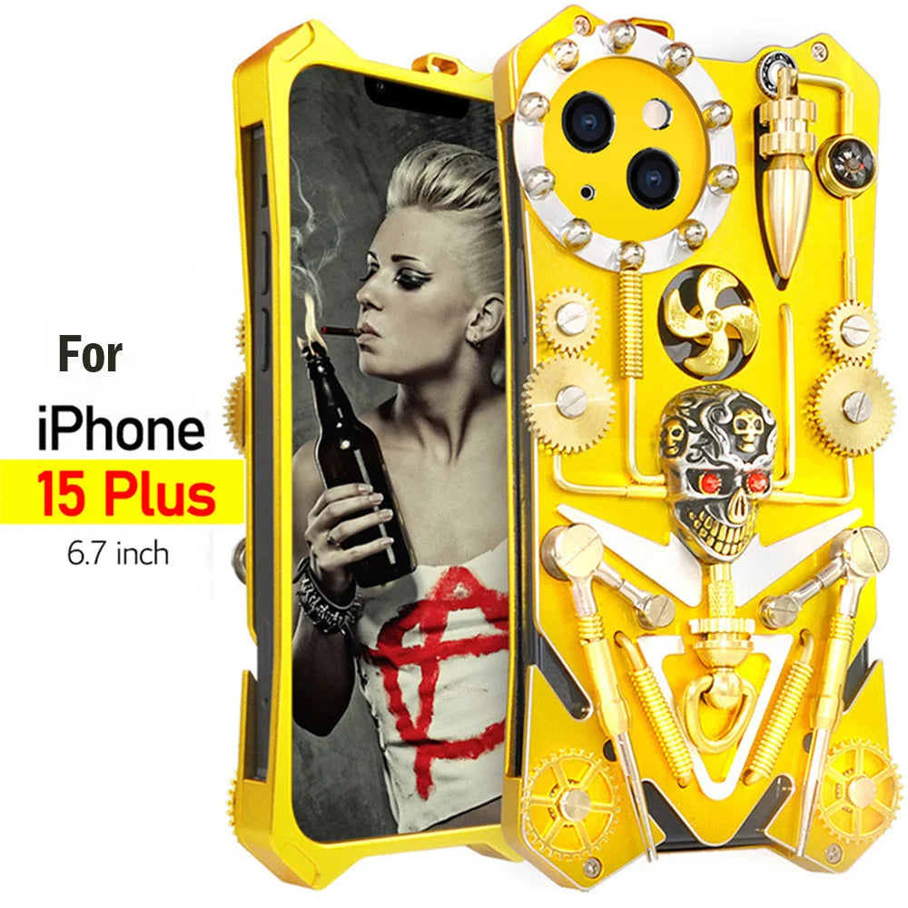 Premium Mechanisches Gaming-Design: Stoßfeste Metall-Handyhülle mit Zahnrad, Ständer | Aluminium-Kühlung, Schädel-Kompass-Case für Apple iPhone 17/17 Air, 16/16e, 15, 14, 13, 12 Pro Max Plus Mini | MagSafe Case, Rundumschutz & Kameralinsenschutz