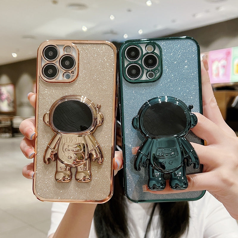 Luxus-Glitzer-Astronauten-Falt-Silikonhülle mit Ständer und Handhalterung für Apple iPhone 17/17 Air, 16/16e, 15, 14, 13 Pro Max Plus | Stoßfest, wasserabweisend & fingerabdruckfrei