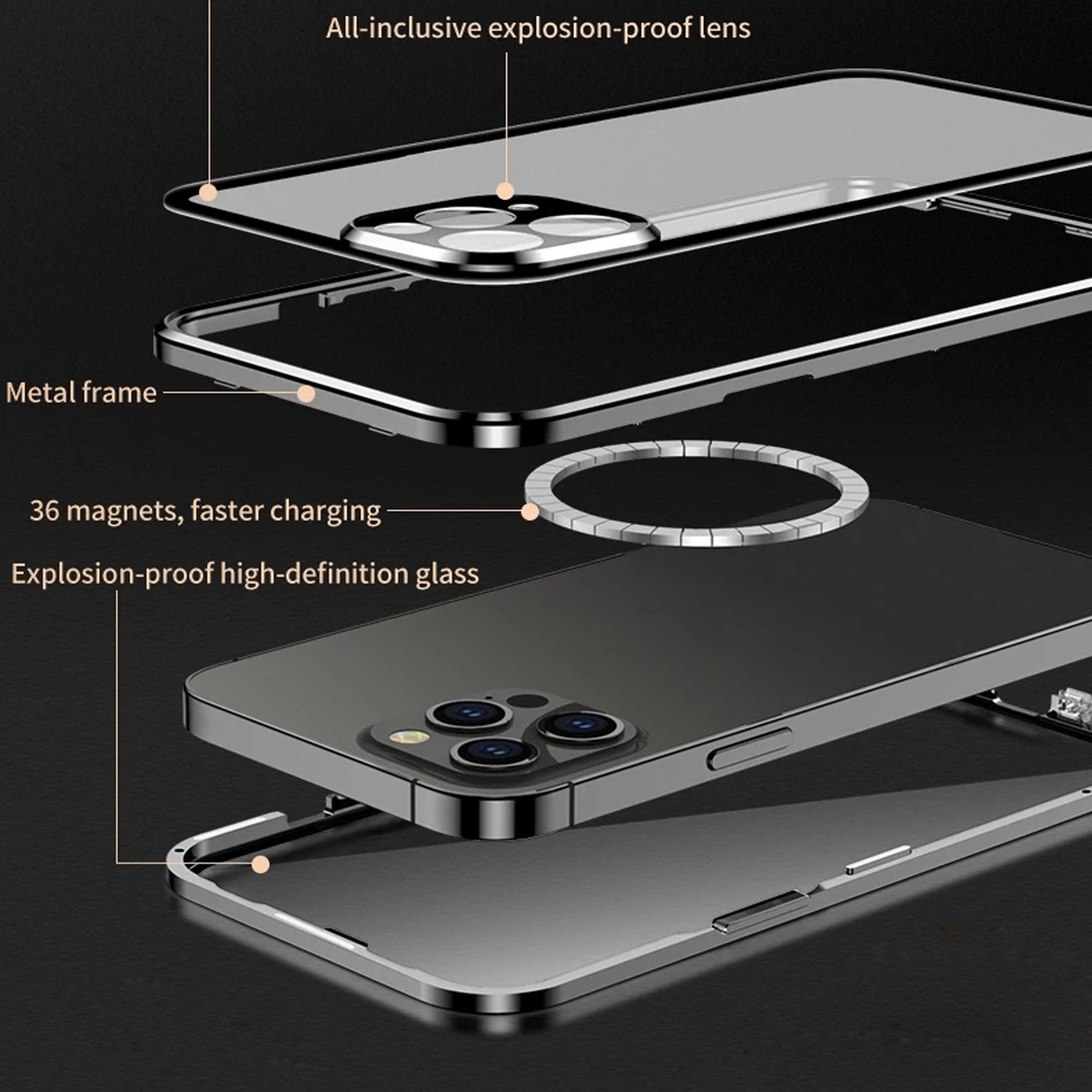 Hochwertige iPhone Hülle mit 360° Vollversiegeltem Schutz aus Glas und Metall | MagSafe-kompatible Schutzhülle mit Rundumschutz, Kameralinsenschutz für Apple iPhone 17/17 Air, 16/16e, 15, 14, 13 Pro Max, Pro, Plus Cover | Panzertasche Stoßstangenabdeckung