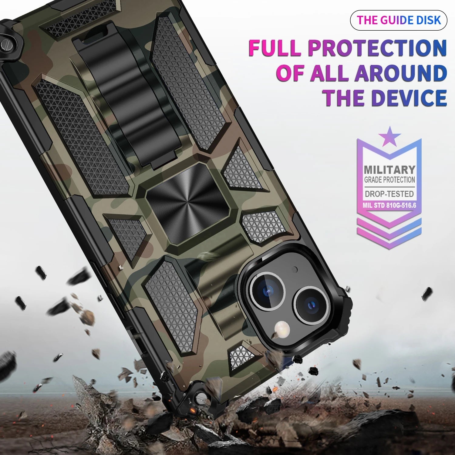 Hochwertige Hybrid-Militärpanzerung iPhone-Hülle MagSafe Case für Apple iPhone 17/17 Air, 16/16e, 15, 14, 13 Pro Max Plus mit eingebautem Ständer, Tarnung-Cover, Kamera-Rundumschutz und Bildschirmschutz Handyhülle