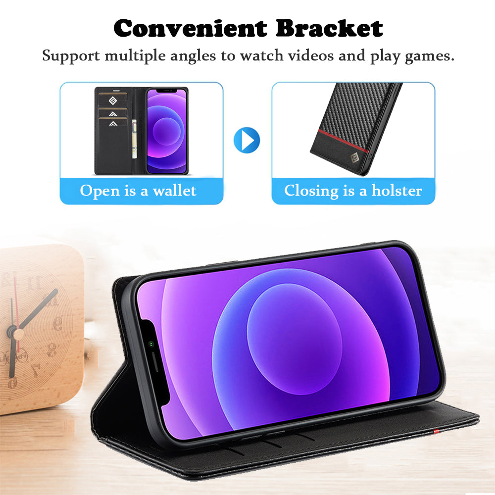 Premium Brieftasche aus Kohlefaser-Leder | Magnetisches Flip-Book-Cover iPhone Hülle | MagSafe Case mit Kartenhalter, Stand und Geldbörse, Portmonee Funktion für Apple iPhone 17/17 Air, 16/16e, 15, 14, 13, 12 Pro Max Plus Mini - Vielseitige Schutzhülle