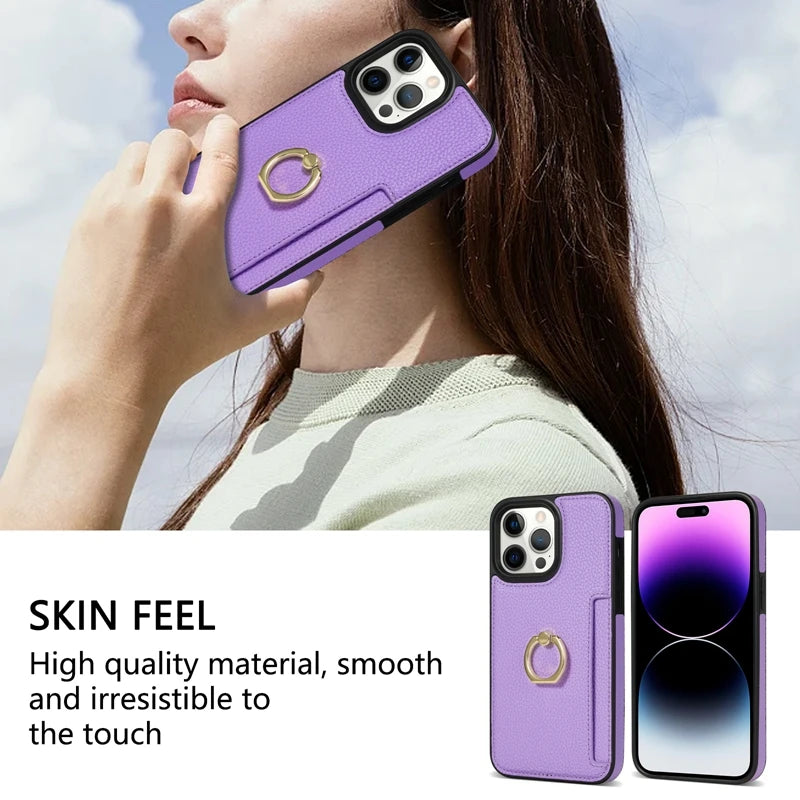 Hochwertiges Kartenfach Leder Brieftasche, Ringhalter und Ständer iPhone Hülle | MagSafe Case, Rundumschutz, Kameralinsenschutzabdeckung für Apple iPhone 17/17 Air, 16/16e, 15, 14, 13 Pro, Max, Plus | Panzer Handyhülle Wallet Geldbörse Schutzhülle