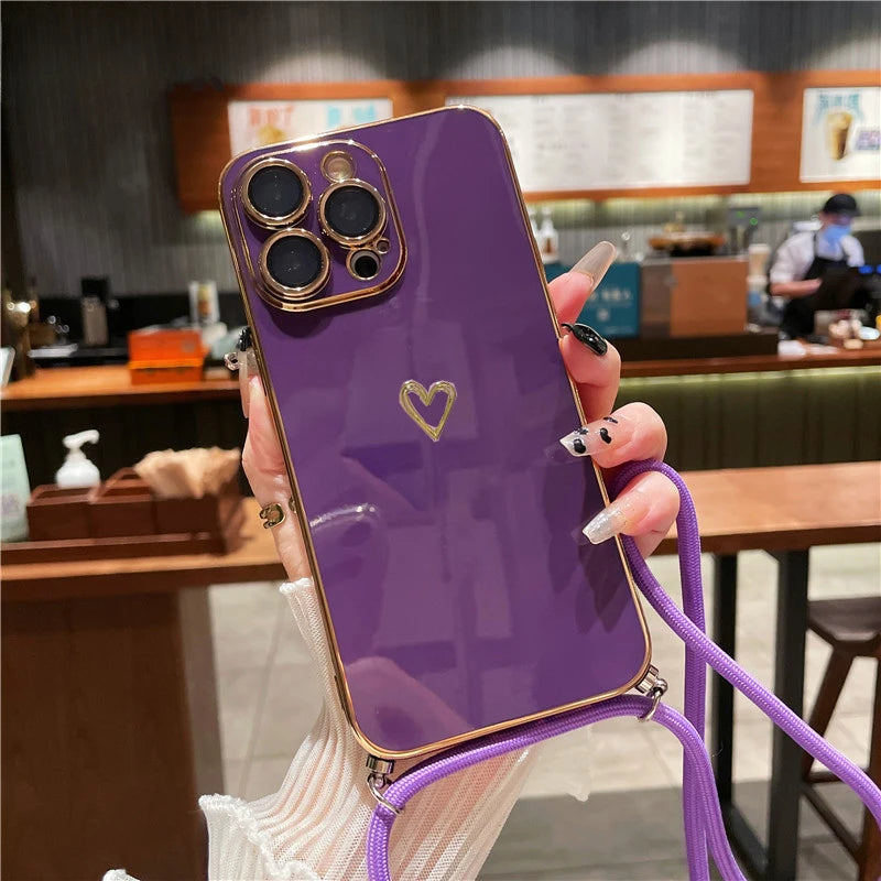 Premium Crossbody Strap Lanyard iPhone Hülle mit Luxus-Beschichtung Liebe-Herz-Design Weiche Silikon | MagSafe Case mit Kameralinsenschutzabdeckung für Apple iPhone 17/17 Air, 16/16e, 15, 14, 13 Pro Max Plus Cover – Umhängeband, Schulterriemen Schutzhülle