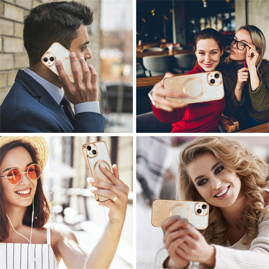 Luxus Crossbody Lanyard Gradient Glitzer Magnetgehäuse iPhone Hülle | MagSafe Case mit Kameralinsenschutzabdeckung für Apple iPhone 17/17 Air/16/16e/15/14/13 Pro Max Plus Cover | Panzertasche, Weiche TPU Plating Handyhülle | Premium Schutzhülle