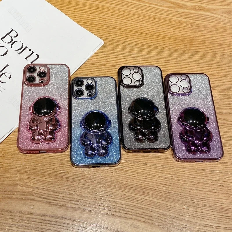 Luxus-Glitzer-Astronauten-Falt-Silikonhülle mit Ständer und Handhalterung für Apple iPhone 17/17 Air, 16/16e, 15, 14, 13 Pro Max Plus | Stoßfest, wasserabweisend & fingerabdruckfrei