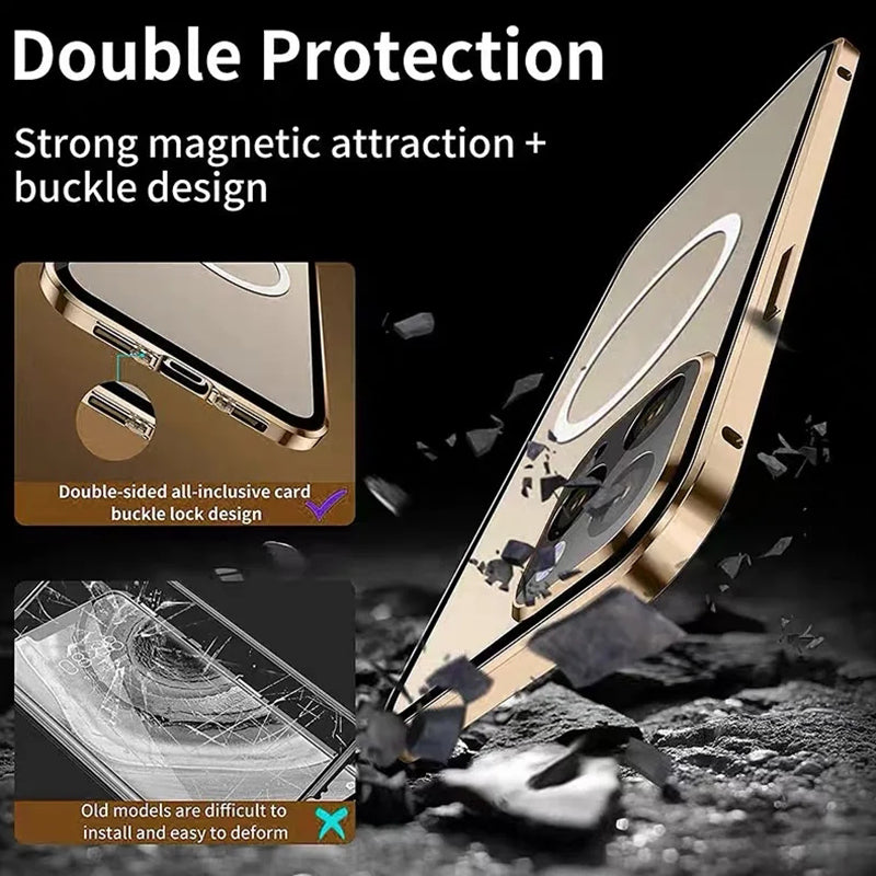 Hochwertige iPhone Hülle mit 360° Vollversiegeltem Schutz aus Glas und Metall | MagSafe-kompatible Schutzhülle mit Rundumschutz, Kameralinsenschutz für Apple iPhone 17/17 Air, 16/16e, 15, 14, 13 Pro Max, Pro, Plus Cover | Panzertasche Stoßstangenabdeckung