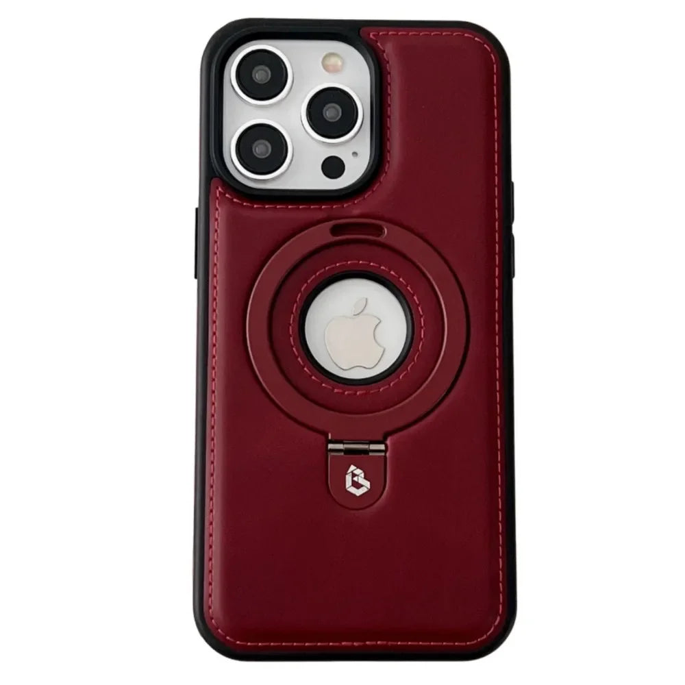 Premium Leder iPhone Hülle mit Magnetring-Ständer: 360 Grad Rotierende Gyro-Standfunktion & Faltbarer Halter | MagSafe Case, Rundumschutz, Kameralinsenschutz für Apple iPhone 17/17 Air, 16/16e, 15, 14, 13 Pro Max Plus Cover | Panzertasche Schutzhülle