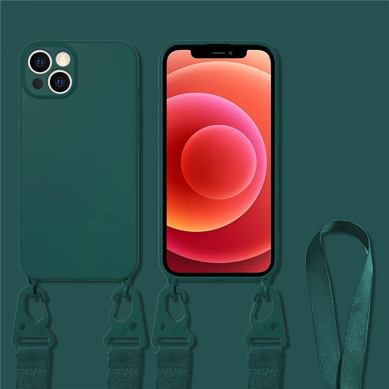 Hochwertige Crossbody-Halskettenriemen Lanyard Weiche Silikon iPhone Hülle | MagSafe Case, Kameralinsenschutzabdeckung für Apple iPhone 17/17 Air, 16/16e, 15, 14, 13 Pro Max Plus Cover – Umhängeband, Schulterriemen, Kartenhalter | Premium Schutzhülle