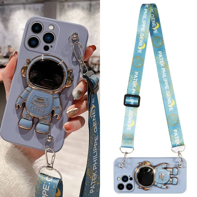 Luxus Crossbody-Lanyard Astronauten-Telefonhalterung und Ständer iPhone Hülle | MagSafe Case mit Rundumschutz und Kameralinsenschutzabdeckung für Apple iPhone 15/14/13/12 Pro Max Plus Cover | Panzertasche Handyhülle | Premium Schutzhülle - Phone Heaven Zone