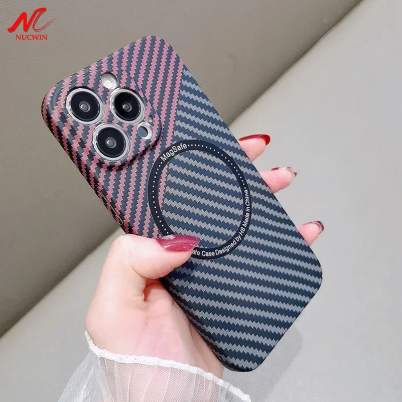 Hochwertige Kohlefaser-Magnetische iPhone-Hülle | MagSafe-Case mit Rundumschutz & Kameralinsenschutz für Apple iPhone 17/17 Air, 16/16e, 15, 14, 13 Pro Max Plus Cover | Stoßfeste Handyhülle mit Panzertasche & Stoßstangenabdeckung Schutzhülle