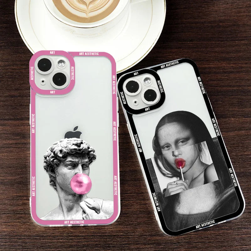 Premium Kunst Ästhetisches History Design: 'David & Mona Lisa' Klare iPhone-Hülle | MagSafe-Case Rundumschutz & Kameralinsenschutz für Apple iPhone 17/17 Air, 16/16e, 15, 14, 13 Pro Max Plus Cover | Stoßfeste Handyhülle Panzertasche Stoßstangenabdeckung