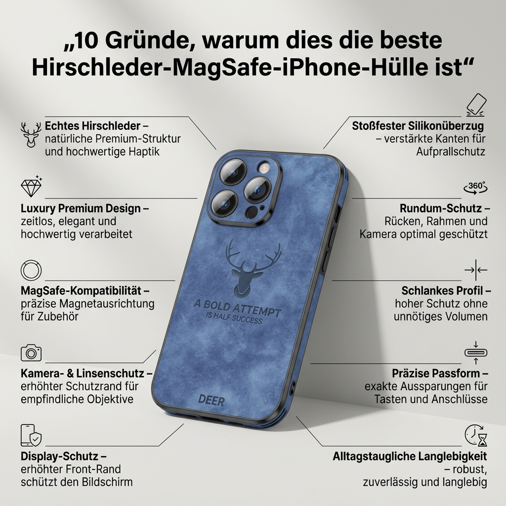 Hochwertige Hirschleder Apple iPhone-Hülle mit Kameralinsenschutz und stoßfestem Silikonüberzug - Phone Heaven Zone