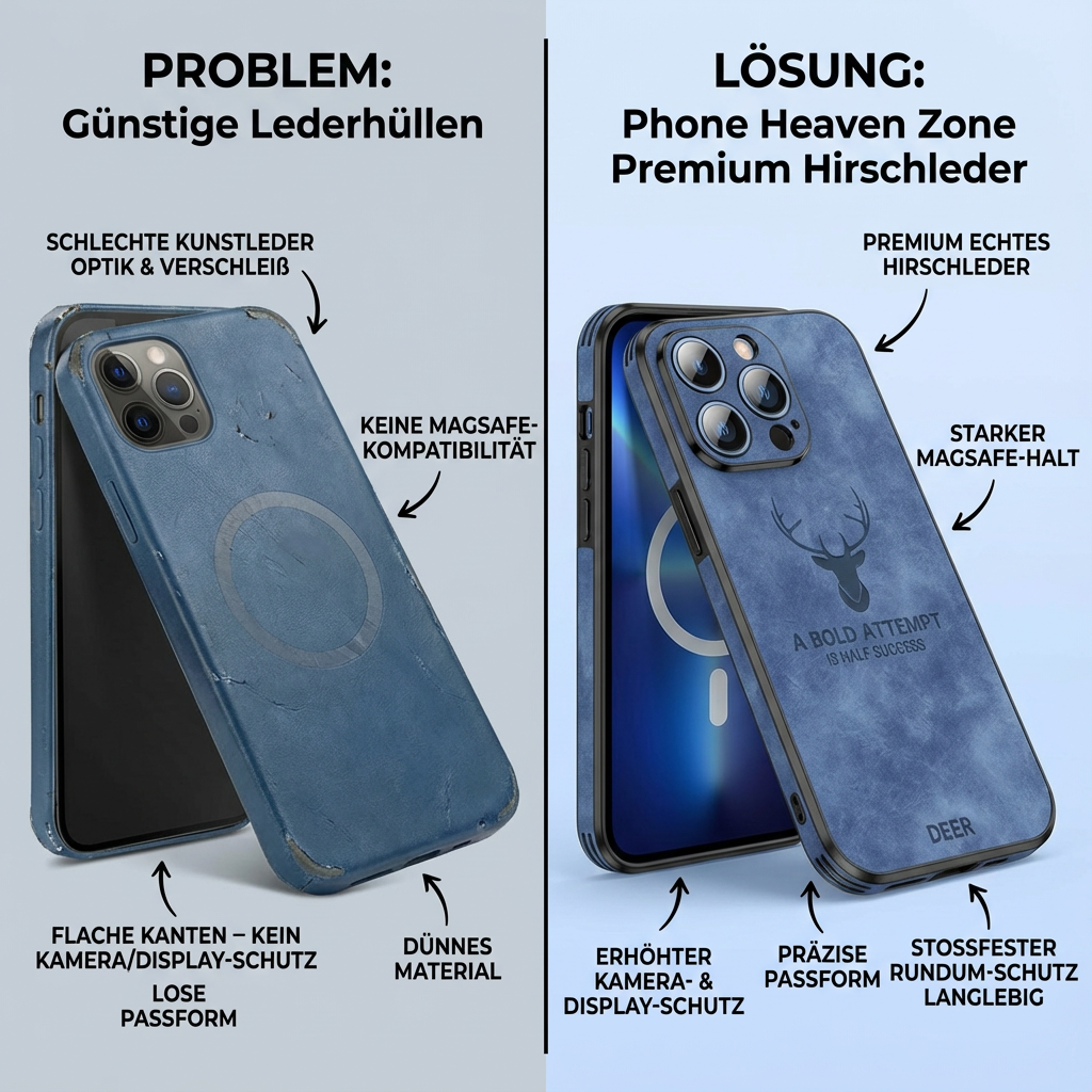 Hochwertige Hirschleder Apple iPhone-Hülle mit Kameralinsenschutz und stoßfestem Silikonüberzug - Phone Heaven Zone