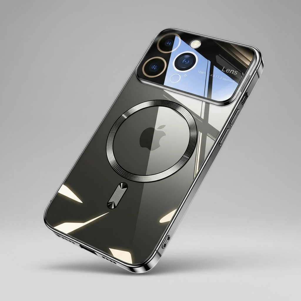 Luxus Ultra-Dünne Apple iPhone Hülle | MagSafe Case mit Kameralinsenschutz | Magnetische, Klare, Transparente, Stoßfeste & Sturzsichere Hart-PC-Glas Cover | Kratzfester Silikon-Bumper, Kabelloses Laden Handyschutzhülle