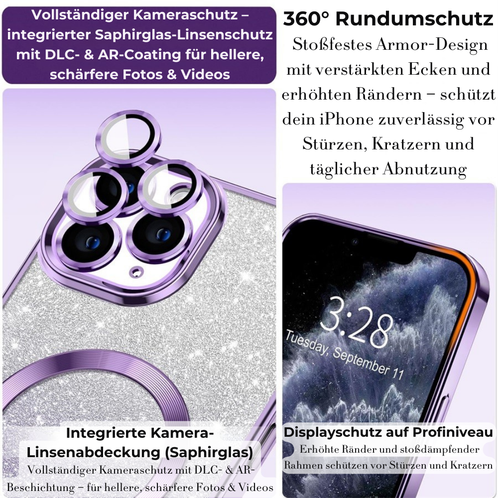 Luxus Crossbody Lanyard Gradient Glitzer Magnetgehäuse iPhone Hülle | MagSafe Case mit Kameralinsenschutzabdeckung für Apple iPhone 16/15/14/13/12 Pro Max Plus Mini Cover | Panzertasche, Weiche TPU Plating Handyhülle | Premium Schutzhülle