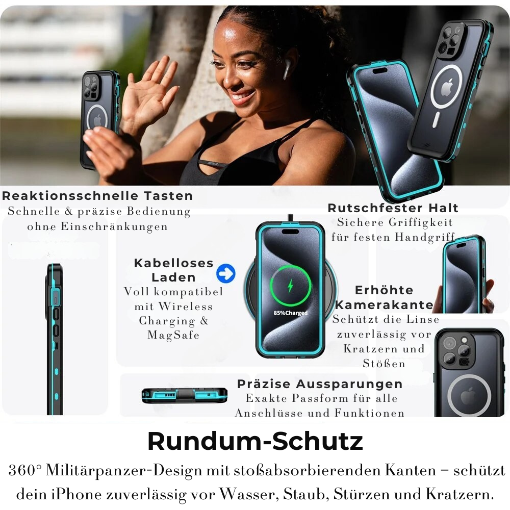 Premium IP68 Wasserdichte Magnet-Hülle mit MagSafe für Apple iPhone 16/16e, 15, 14, 13, 12 Pro Max, Pro, Plus & Mini: 360° Vollschutz Case, Militärpanzer-Design | Staubdicht, Stoßfest Cover mit Kameraschutz | Ideal für Tauchen und Schwimmen