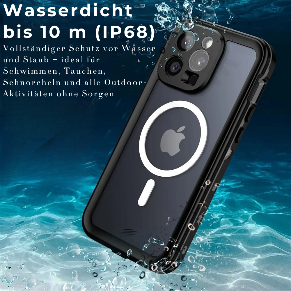 Premium IP68 Wasserdichte Magnet-Hülle mit MagSafe für Apple iPhone 16/16e, 15, 14, 13, 12 Pro Max, Pro, Plus & Mini: 360° Vollschutz Case, Militärpanzer-Design | Staubdicht, Stoßfest Cover mit Kameraschutz | Ideal für Tauchen und Schwimmen