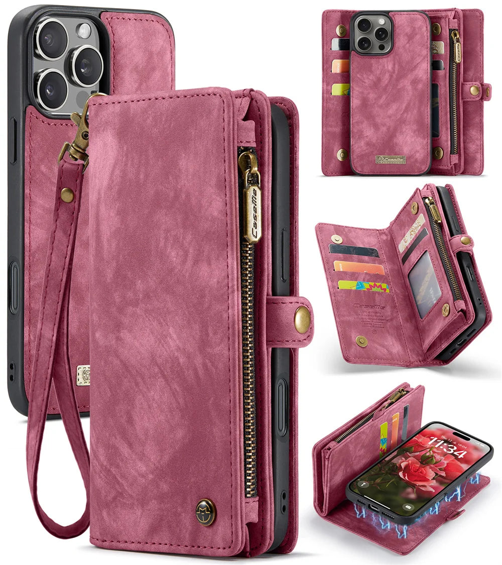 Hochwertiges 2-in-1 Abnehmbare Leder Brieftasche Flip Stand iPhone Hülle | MagSafe Case, Rundumschutz, Kameralinsenschutzabdeckung für Apple iPhone 17/17 Air, 16/16e, 15, 14, 13 Pro Max Plus Cover | Panzertasche Handyhülle | Wallet & Geldbörse Schutzhülle