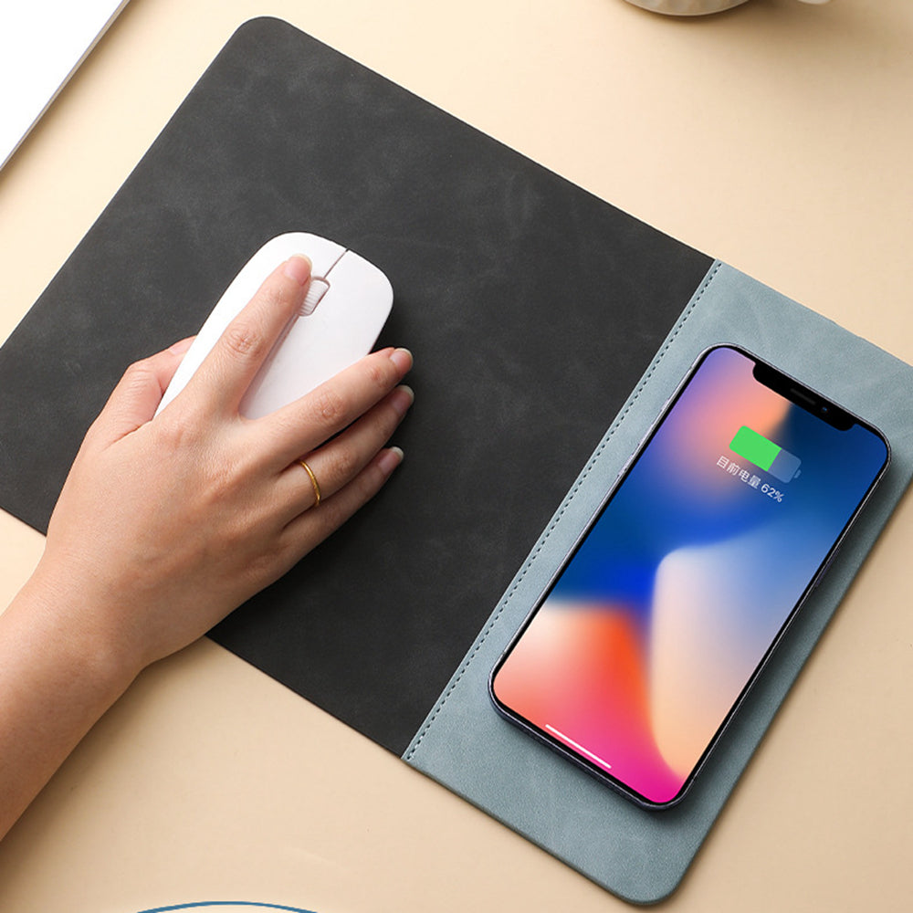 Premium Mauspad mit Qi Kabelloses Ladepad für Smartphones, Apple iPhone, Samsung, iOS & Android Watch, AirPods, Xiaomi, Huawei: USB-C, Handyhalterung, 2-in-1 PU-Leder-Matte