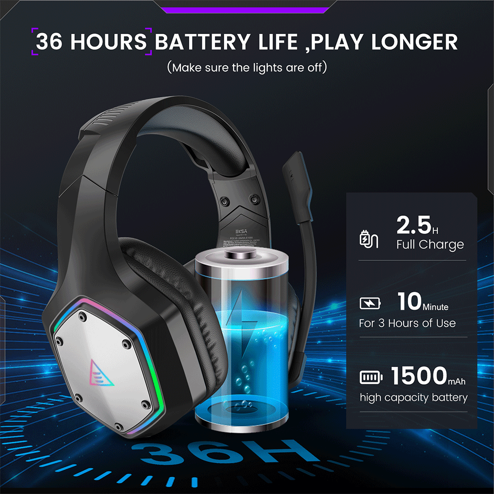 Hochwertiges Kabellose 2,4 GHz Kopfhörer E1000 WT: Surround Gaming Headset mit Mikrofon für PC/PS4/PS5/Xbox – Geringe Latenz