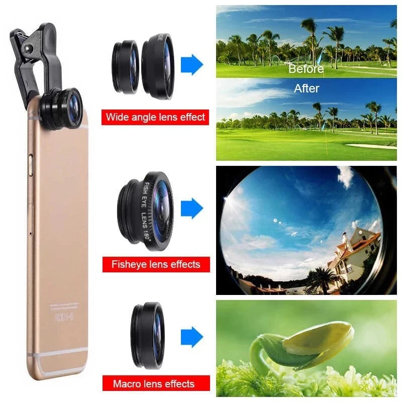3-in-1 Hochwertiges Fisheye-Telefonobjektiv 0,67X Weitwinkel-Zoom Fish-Makro-Objektiv-Kamera-Kit mit Clip-Objektiv