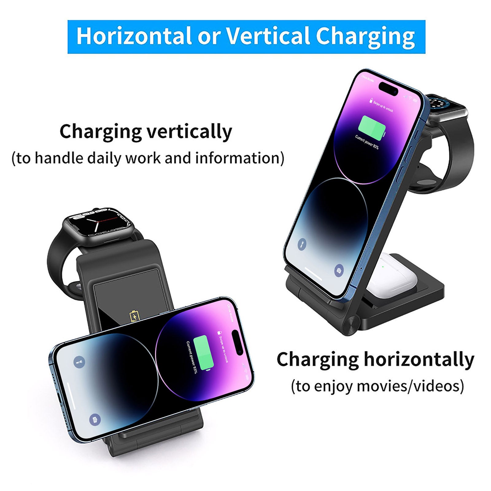 Premium 3-in-1 25W Quick Charge Dock | Wireless Charger for Smartphones, Apple iPhone, Samsung, iOS & Android Watch, AirPods, Android, Samsung Galaxy Buds, Earphones | Fast Wireless Charging Station