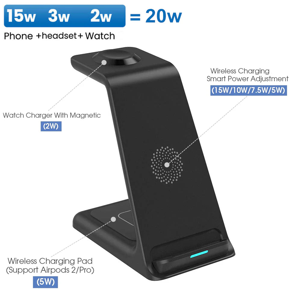 3-in-1 Wireless Charging Station Smartphones, Apple iPhone, Samsung, iOS & Android Watch, AirPods Charger | Magnetic Fast Charging Docking Station 20W Wireless Charging Stand