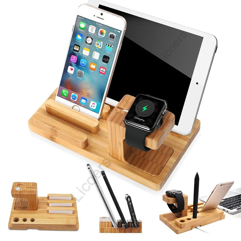 3-in-1 Bambus-Holz Ladestation für iPhone: Handy-Halter, Ladegerät-Ständer und Basis für die Apple Watch sowie Aufbewahrungsbox für das iPad