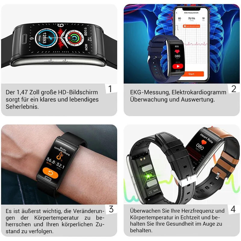 Hochwertiges, nicht-invasives Blutzucker-EKG + PPG Gesundheits-Smart-Armband | IP68 Wasserdichte Sport-Smartwatch für Männer mit Blutzuckermessung