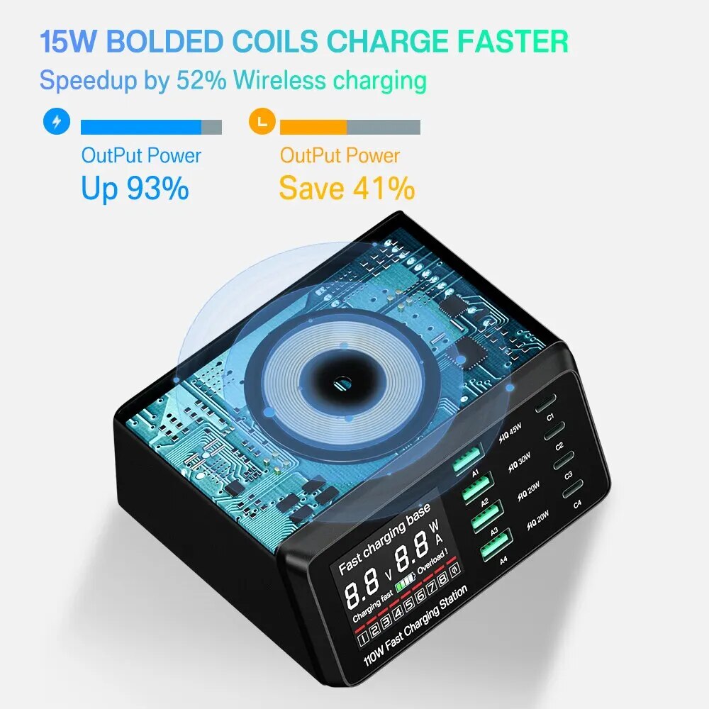 Ladestation Kabellose Schnell Ladegerät Digital | Wireless Charging Station iPhone, Samsung, Android, Handy, Tablet