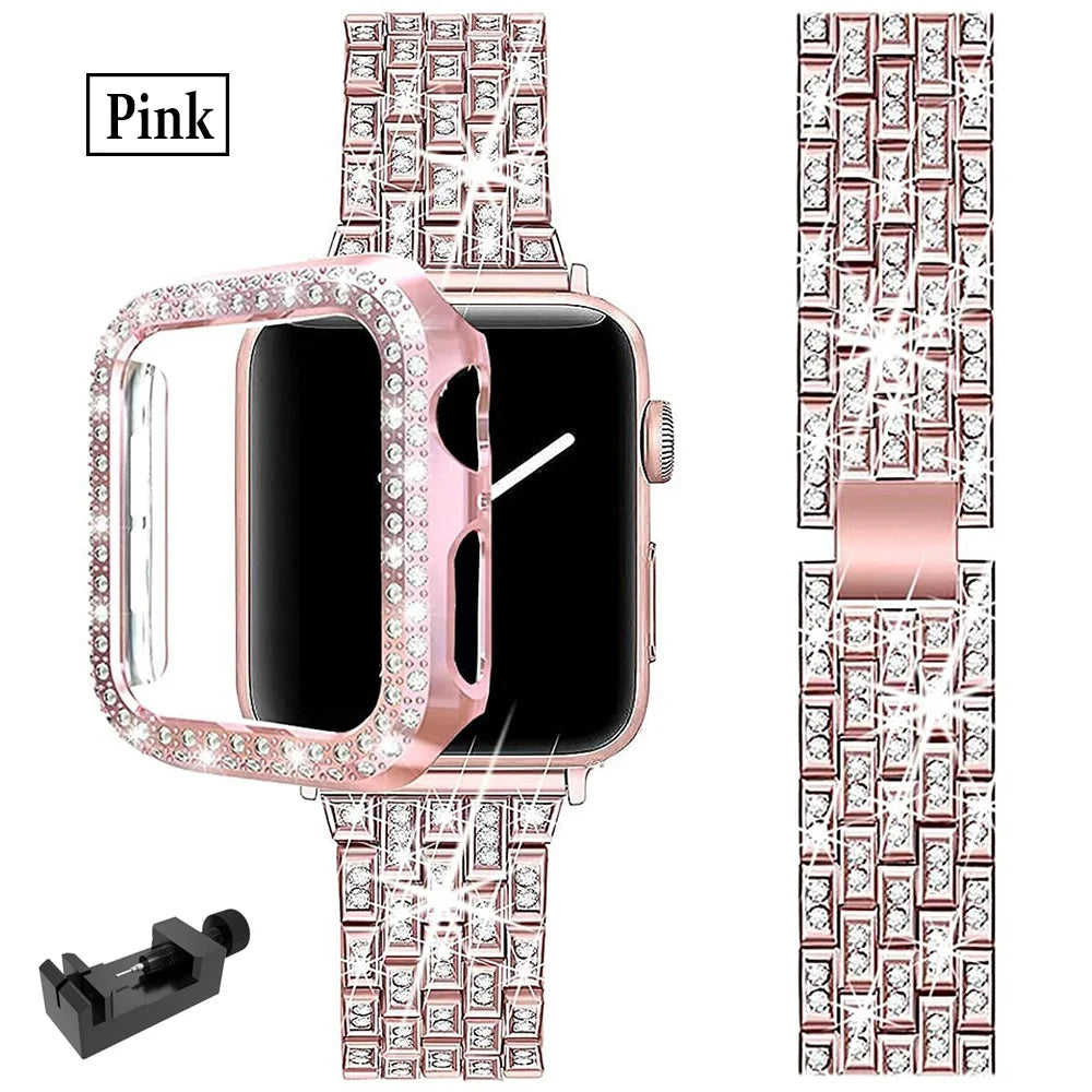 Luxury Premium glitter metal bracelet and diamond protective case for Apple Watch Series 10/9/8/7/6/5/4/3/2/1 & Ultra 2/1, SE: 2024, 2023, 2022, 2021, 2020, 2019, 2018, 2017, 2016 | Ultra 49mm, 45mm, 41mm, 40mm, 44mm, 42mm bracelet for iWatch.