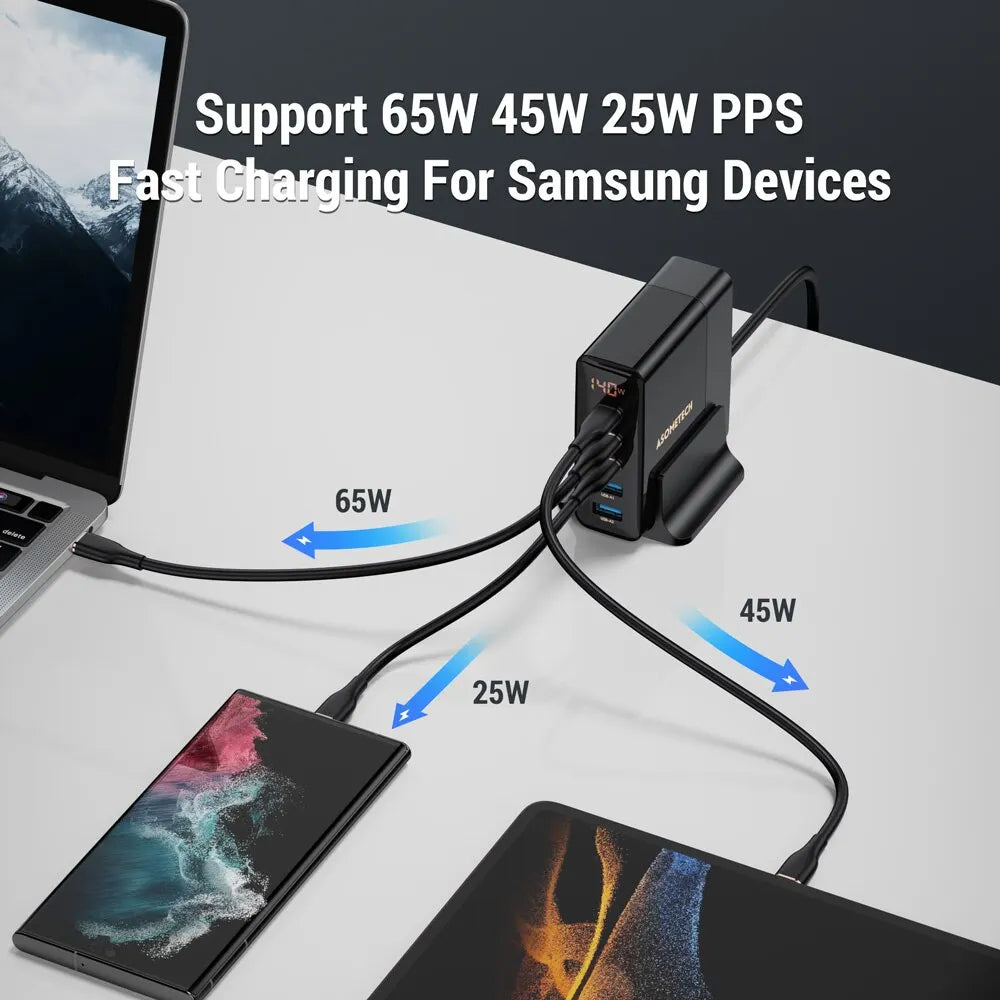 140W GaN Schnellladegerät: Desktop-Ladestation 5 USB-Anschlüsse Charging Station Dockingstation Laptop MacBook iPhone Samsung