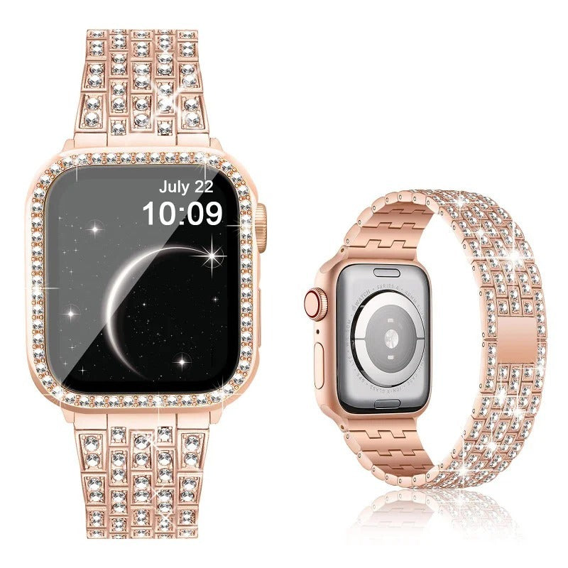 Luxury Premium glitter metal bracelet and diamond protective case for Apple Watch Series 10/9/8/7/6/5/4/3/2/1 & Ultra 2/1, SE: 2024, 2023, 2022, 2021, 2020, 2019, 2018, 2017, 2016 | Ultra 49mm, 45mm, 41mm, 40mm, 44mm, 42mm bracelet for iWatch.