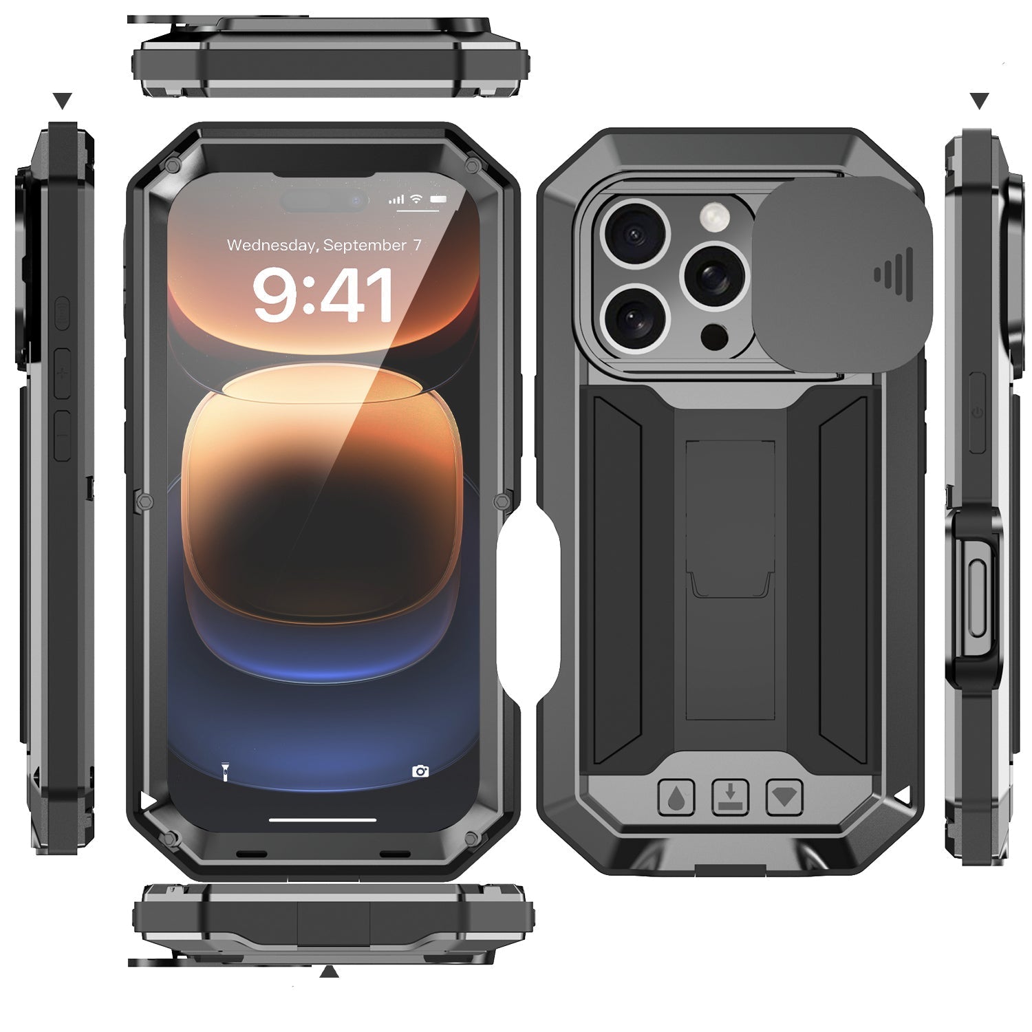 Military Heavy-Duty Metal iPhone Case – Full-Body Hybrid Cover with Slide Camera Protection & Built-in Screen Protector 