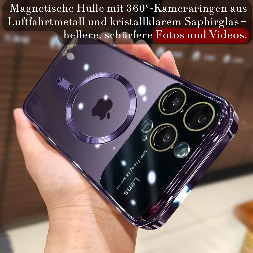 Luxus Ultra-Dünne Apple iPhone Hülle | MagSafe Case mit Kameralinsenschutz | Magnetische, Klare, Transparente, Stoßfeste & Sturzsichere Hart-PC-Glas Cover | Kratzfester Silikon-Bumper, Kabelloses Laden Handyschutzhülle