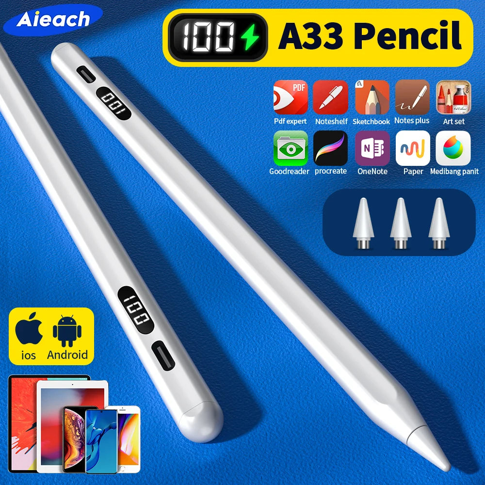 Premium AIeach A33 Stylus Touchscreens, Apple iPad Stift, Apfelstift, Android & iOS Tablet-Stift Power-Display