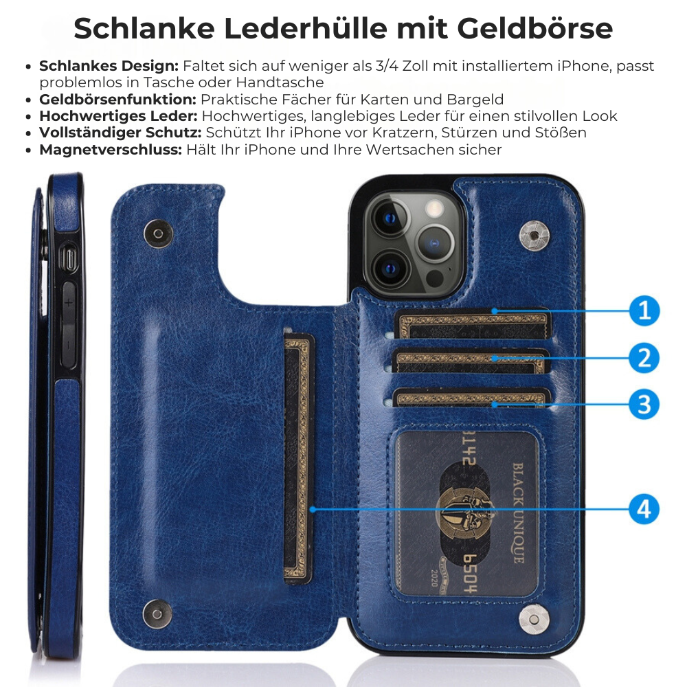 Hochwertige Leder-Brieftaschenhülle für das Apple iPhone | Flip-Cover-Kartenhalter mit Geldbörsen